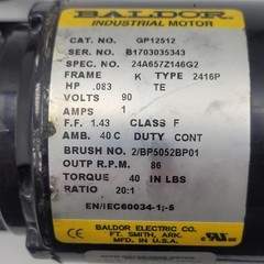 BALDOR GP12512 .083 HP motor K frame with 50B16SS sprocket