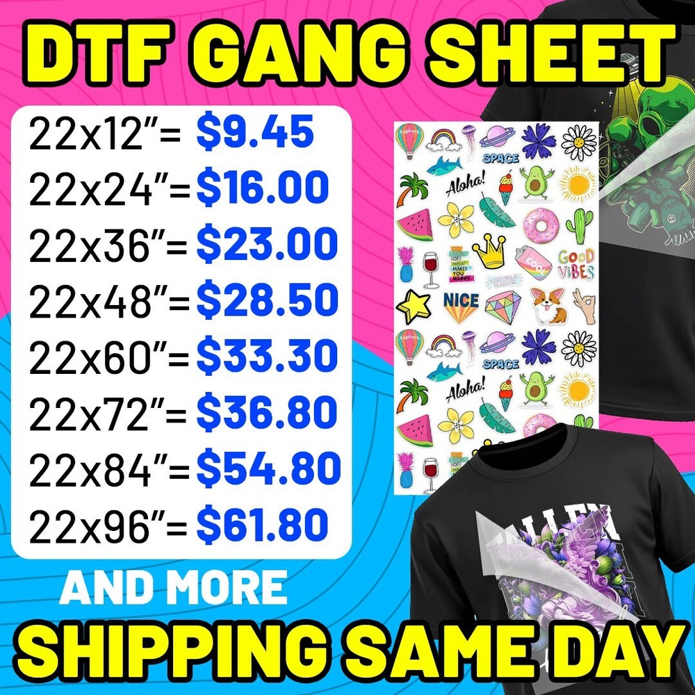 Custom DTF Gang Sheet Transfers – Full Color, 22″ x 36″ Heat Transfers for Tees