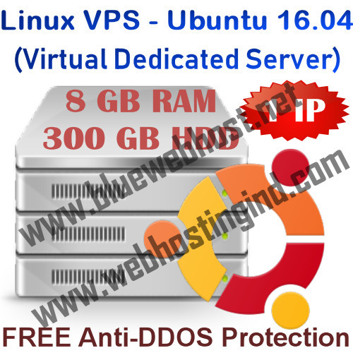 Linux VPS – Ubuntu 16.04 (Virtual Dedicated Server) 8GB RAM + 300GB HDD