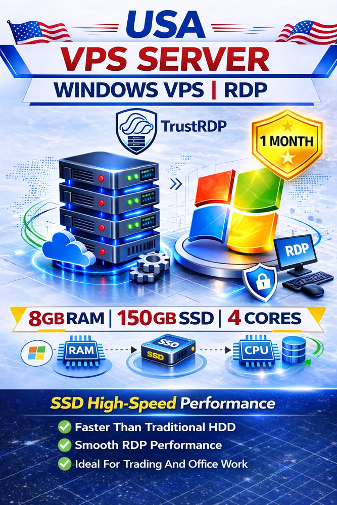 USA Windows VPS RDP Server 8GB RAM 150GB SSD Fast Remote Desktop Hosting