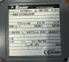Bauer BS04-31V/D04LA4/SP Worm Gear Motor 1044324 0.12 kW 230-400V 1350/1620 RPM